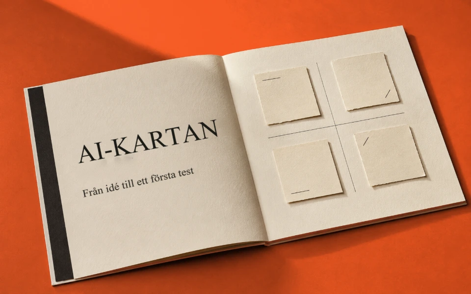 AI-kartans projektmapp och möjlighetskarta på en orange bakgrund